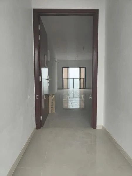 Room features: white painted walls, glossy ceramic tile flooring, wooden door with metal handle, large window with grid pattern, neutral color scheme, minimalist design, natural light from window; style: modern.