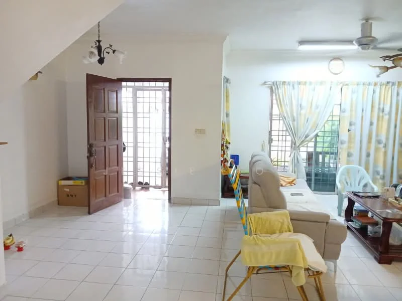 Living features: white painted walls, glossy white tile flooring, ceiling fan, sofa in light grey fabric, wooden coffee table, TV console, large window with sheer curtains, decorative wall clock, area rug, open layout to entrance, light fixture with multiple bulbs; style: modern; view: garden. Room features: main entrance door, glass door leading to outdoor area, box for storage.