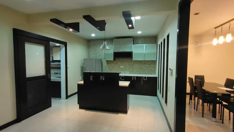 Kitchen features: black kitchen island, stainless-steel pendant light, white cabinetry, black countertop, tile backsplash, built-in refrigerator, ceramic tile flooring, recessed ceiling lights, open layout, wall-mounted cabinets, sink, chrome faucet; style: modern. Dining features: 6-seater dining table, black dining chairs, pendant lighting, wall-mounted decor; style: modern.