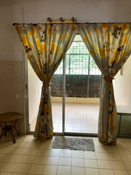 Room features: sliding glass door, curtains with floral pattern, tile flooring, neutral wall colour, small area rug, wooden stool, glass cabinet, exposed brick wall; view: garden.