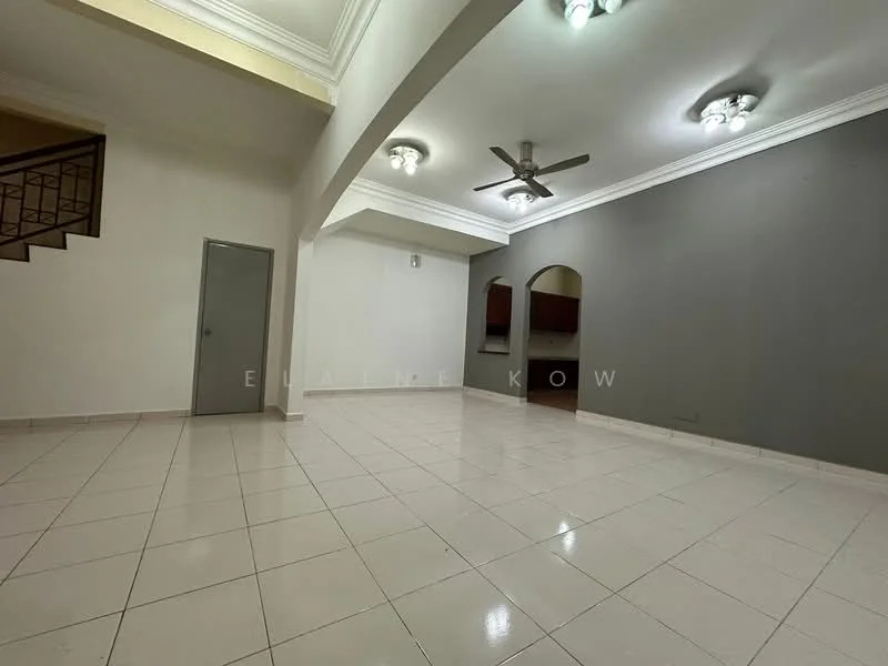 Living features: white painted walls, grey accent wall, tile flooring, tray ceiling, recessed downlights, 5-blade ceiling fan, arched doorway, open layout, large space, no visible furniture; style: modern.