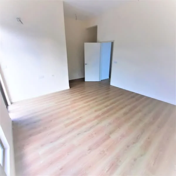 Room features: light wood laminate flooring, white painted walls, single door, large window, natural light, high ceiling.