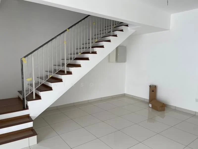 Room features: white painted walls, white ceiling, ceramic tile flooring, wooden staircase with metal railing, staircase landing, box on floor, electrical panel on wall; style: modern.