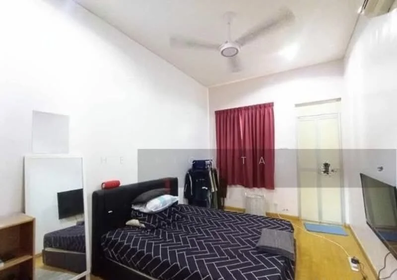 Bedroom features: queen-size bed with black upholstered headboard, black and white geometric patterned bedding, wooden flooring, white painted walls, red curtains, ceiling fan, mirror, wooden bedside table, wall-mounted TV, sliding glass door, clothing rack; style: modern.