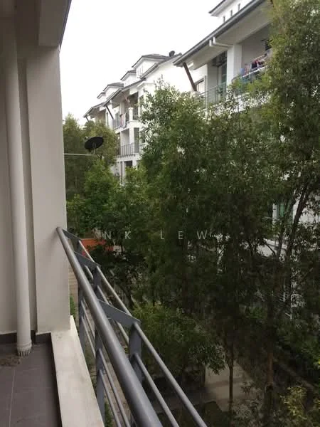Room features: balcony with railing, view of trees, adjacent building, grey tiled flooring; view: garden.