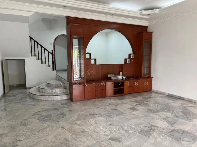Living features: marble flooring, wooden feature wall with display shelves, arched cutout in wall, staircase with wooden railing, recessed ceiling with crown moulding, large windows for natural light, neutral wall colour, open layout; style: modern.