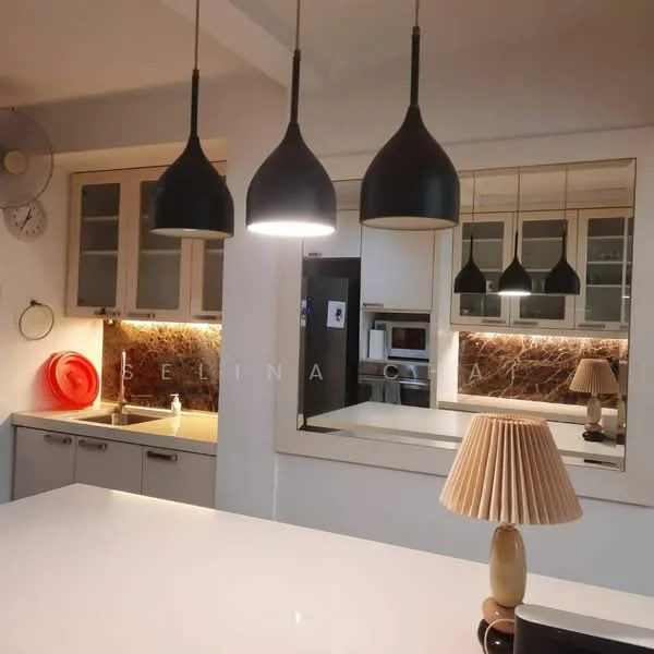Kitchen features: white countertop, black pendant lights, marble backsplash, grey cabinetry with glass fronts, built-in refrigerator, stainless-steel appliances, kitchen island, lampshade table lamp, wall clock, decorative mirror, red plate, under-cabinet lighting; style: modern.
