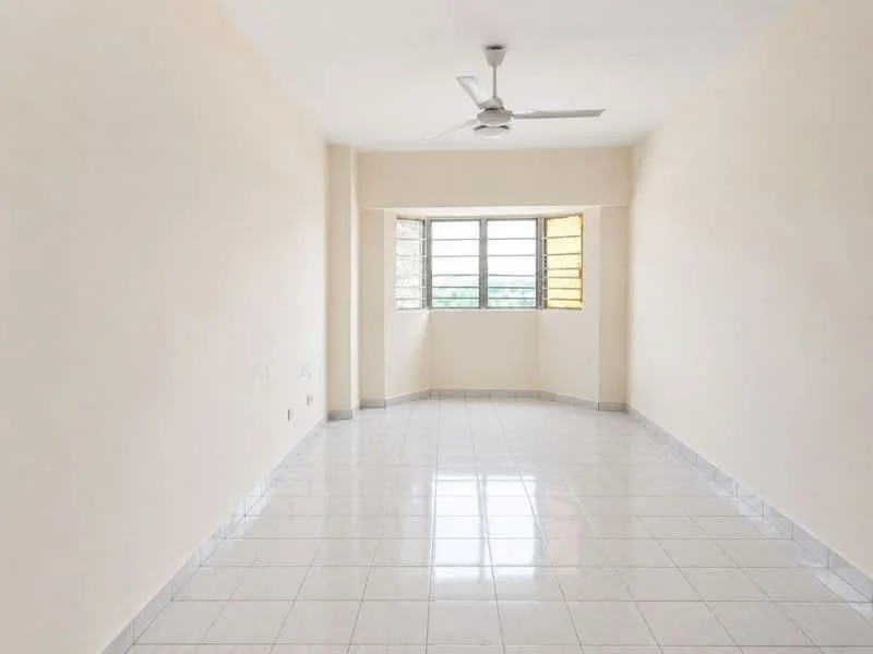 Room features: white painted walls, glossy ceramic tile flooring, 5-blade ceiling fan, large windows, natural light, neutral color scheme, corner layout, no visible furniture; style: minimalist; view: city.