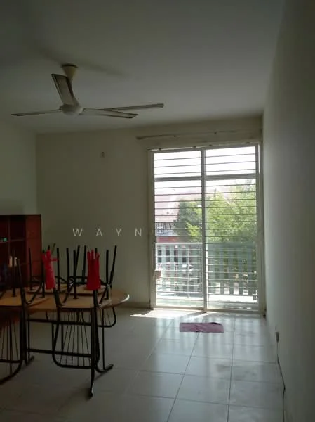 Dining features: ceiling fan, dining table, chairs, sliding glass door, floor-to-ceiling windows, white painted walls, tile flooring, curtains, view of greenery; view: garden.