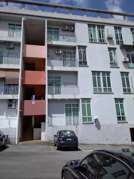 Exterior type: low-rise apartment block; features: grey painted facade, balconies with white railings, multiple wall-mounted air conditioning units, ground-level parking area, entrance with stairs, windows with green shutters; style: modern.