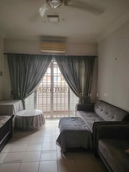 Living features: grey fabric sofa, round coffee table, curtains in grey, floor-to-ceiling windows, sliding glass door, wall-mounted split AC, tile flooring, ceiling fan, decorative throw blanket; style: modern.