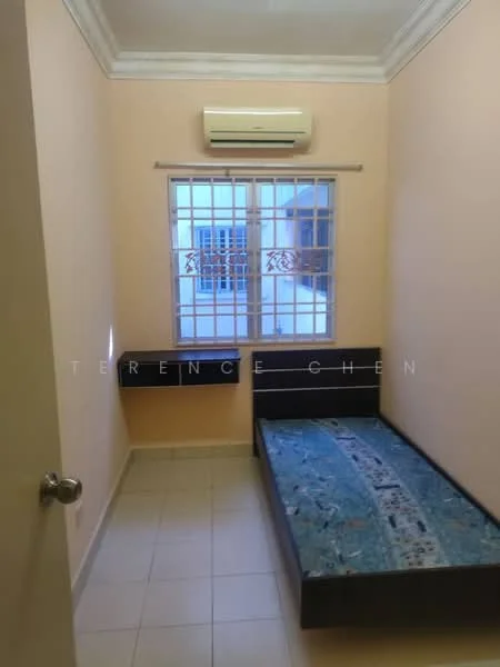 Bedroom features: light peach painted walls, tile flooring, single bed frame without mattress, window with metal grille, wall-mounted air conditioning unit, crown moulding on ceiling.