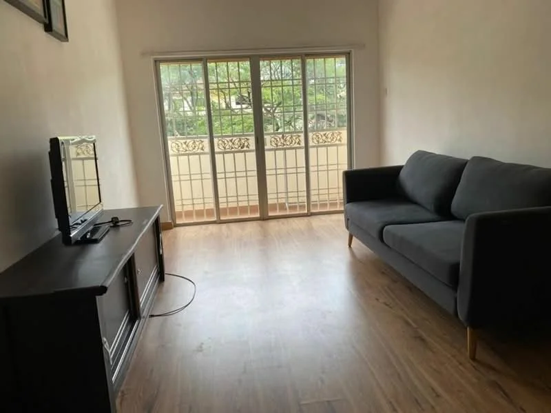 Living features: grey fabric sofa, wooden coffee table, TV console, wall-mounted TV, laminate flooring, white painted walls, floor-to-ceiling windows, curtains, balcony door; style: modern; view: garden.