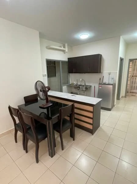 Kitchen features: black dining table with four chairs, white countertop, dark wood cabinetry, stainless-steel fridge, built-in sink, kitchen faucet, tile flooring, ceiling light, wall-mounted fan, open layout, neutral painted walls; style: modern.