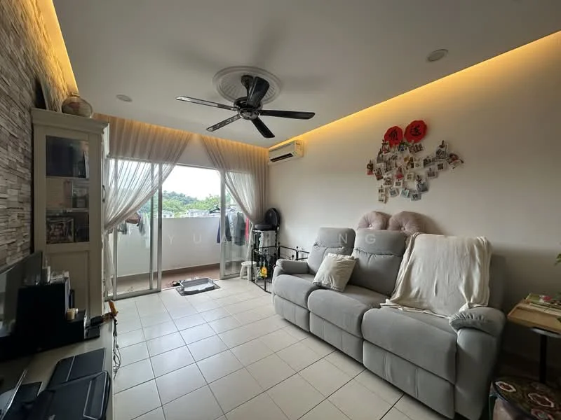 Living features: 3-seater fabric sofa in grey, ceiling fan with light, floor-to-ceiling windows, sheer curtains, wall-mounted TV, TV console, decorative wall with stone cladding, LED strip lighting, area rug, decorative wall with photos; style: modern; view: garden.