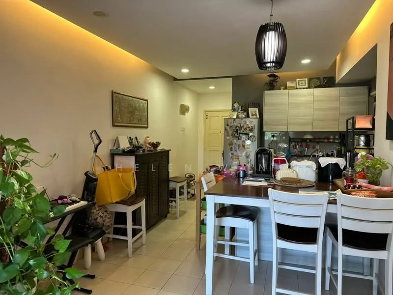 Dining features: dining table with four white chairs, wooden dining table, pendant light fixture, open kitchen layout, kitchen cabinets in grey, refrigerator visible, microwave visible, kettle visible, decorative plants, wall-mounted artwork, cream painted walls, tile flooring, countertop with appliances; style: modern.