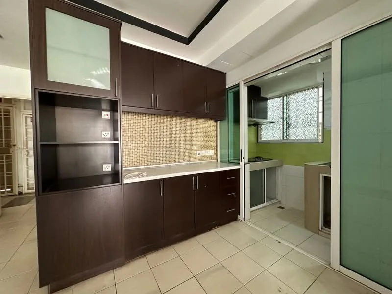 Kitchen features: dark wood cabinetry, white countertop, mosaic tile backsplash, built-in oven, stainless-steel sink, chrome pull-down faucet, floor-to-ceiling windows, ceramic tile flooring, recessed downlights, open shelving, glass-front upper cabinets, utility area with green walls; style: modern.