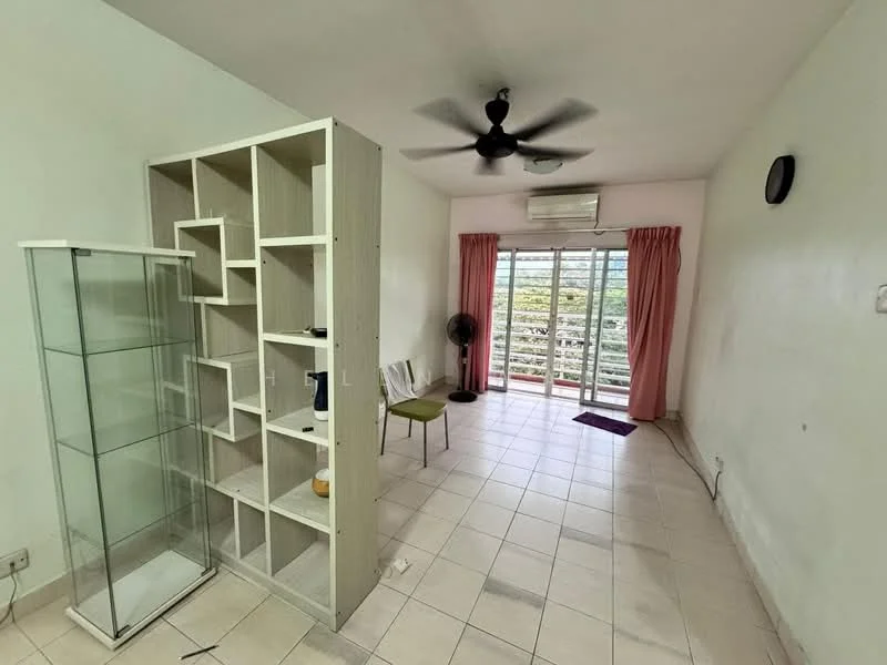 Living features: white painted walls, tile flooring, 5-blade ceiling fan, floor-to-ceiling sliding glass door, curtains in pink, built-in shelving unit, glass display cabinet, single chair, wall-mounted air conditioning unit; view: garden.