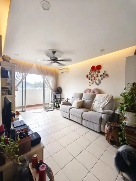 Living features: light-colored tiled flooring, sofa in light grey fabric, ceiling fan with light, wall-mounted TV, TV console, decorative wall with photo frames, potted plants, curtains, sliding glass door, balcony access, wall-mounted air conditioning unit, wooden side table; style: modern; view: city.