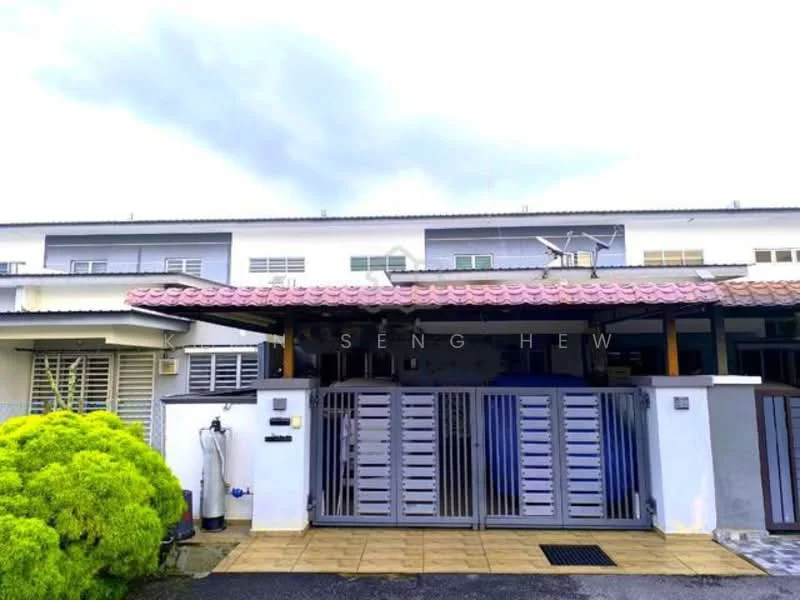 Exterior type: linked terrace house; features: grey painted facade, red tiled roof, metal gate, stone-paved driveway, manicured hedge, multiple windows, outdoor lighting, satellite dish, front porch area; style: modern.
