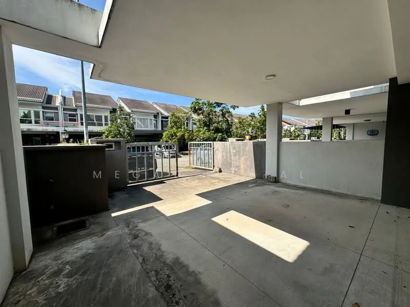Exterior type: linked terrace house; features: concrete flooring, open-air parking area, surrounded by greenery, fenced perimeter, gate access, two-storey linked terrace houses in background, sunlight casting shadows, clear sky; style: modern.