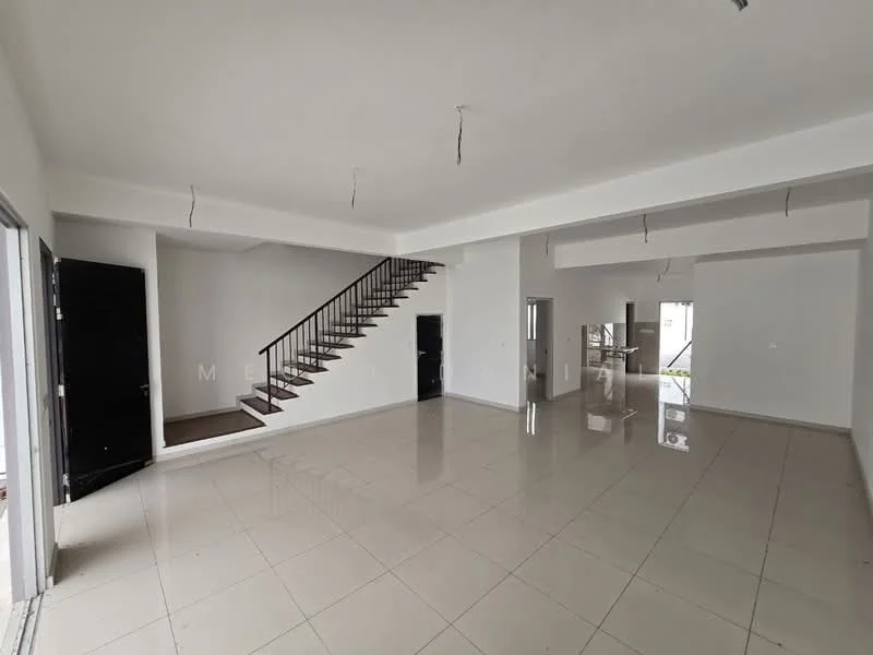 Living features: white painted walls, glossy ceramic tile flooring, staircase with wooden steps and metal railing, recessed downlights, open layout, large windows for natural light, double-door entrance, no visible furniture; style: modern. Room features: white painted walls, glossy ceramic tile flooring, no visible furniture.