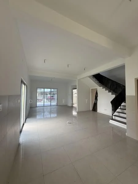 Room features: white painted walls, grey tiled flooring, large sliding glass door, staircase with black railing, high ceiling, recessed ceiling lights, open layout, natural light from windows; style: modern; view: garden.