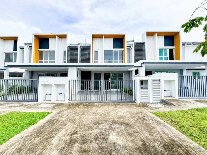 Exterior type: linked terrace house; features: white painted facade, orange accent panels, glass windows, metal railings, concrete driveway, manicured lawn, front garden area, two main entrances, gated entry, modern architectural design; style: modern.