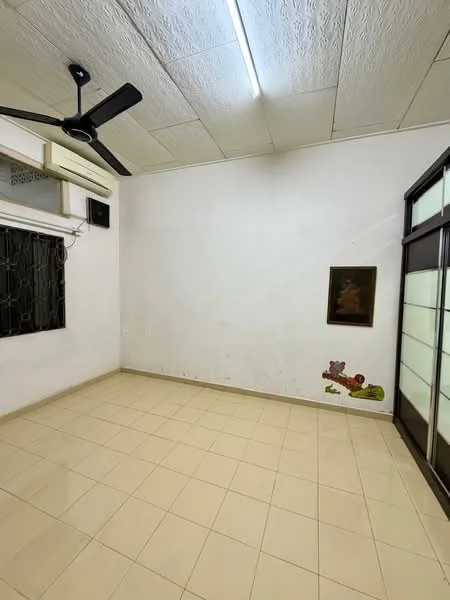 Room features: white painted walls, tile flooring, ceiling fan, window with security bars, light fixture, decorative wall art, sliding glass door, air conditioning unit.