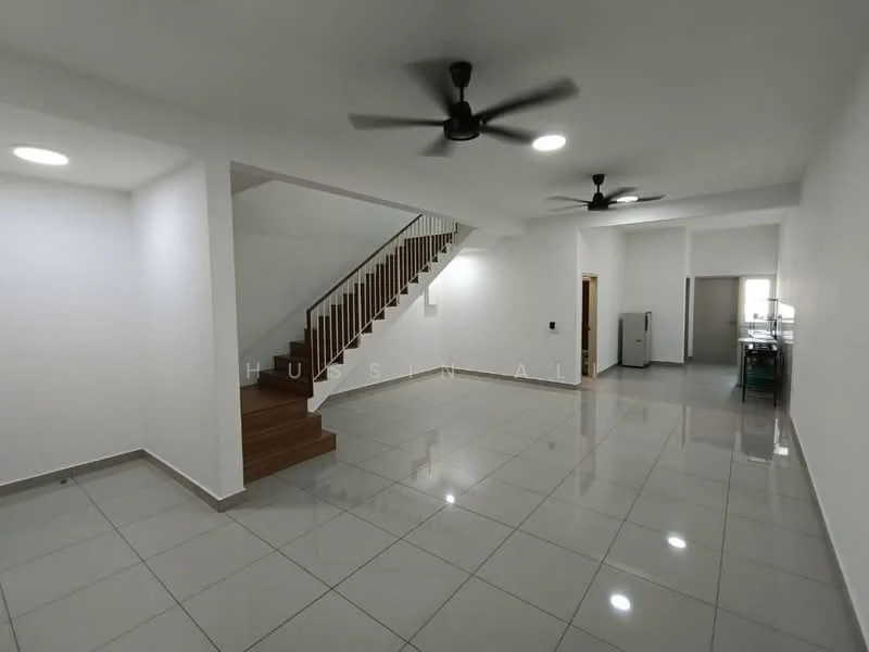 Living features: white painted walls, glossy ceramic tile flooring, 2 ceiling fans, staircase with wooden steps, recessed downlights, large windows for natural light, open layout, neutral color scheme; style: modern.