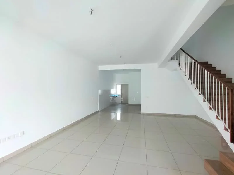 Living features: white painted walls, glossy ceramic tile flooring, staircase with wooden railing, recessed ceiling lights, open layout, large windows for natural light, neutral color scheme, high ceiling; style: modern. Room features: white painted walls, glossy ceramic tile flooring, open layout, natural light from adjacent room.