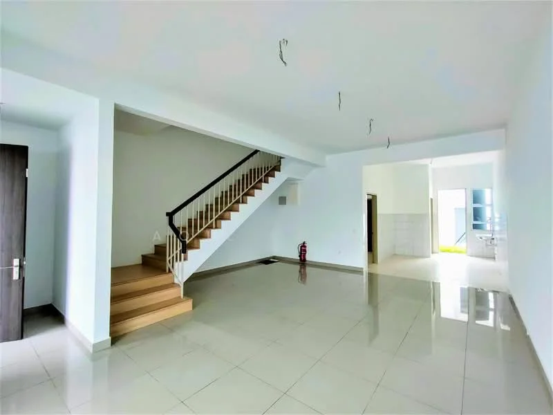 Living features: white painted walls, glossy ceramic tile flooring, staircase with wooden steps and white railing, recessed downlights, fire extinguisher on the floor, open layout, large windows for natural light, neutral color scheme; style: modern. Room features: white painted walls, glossy ceramic tile flooring, open layout, large windows for natural light.