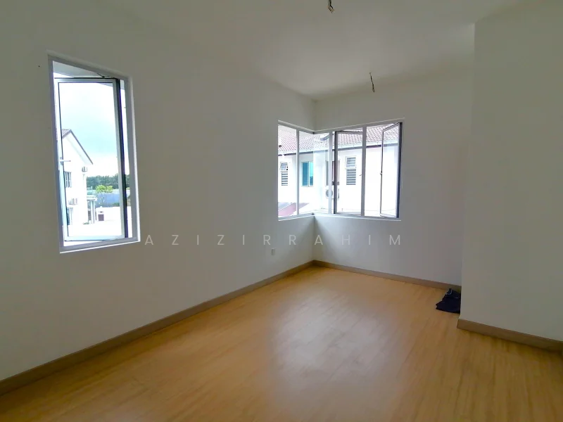 Room features: white painted walls, laminate flooring, three large windows, natural light, neutral color scheme, no visible furniture, minimal decor, corner room layout; style: modern; view: city.