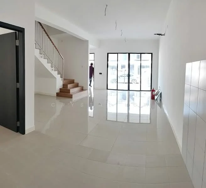 Room features: white painted walls, glossy porcelain tile flooring, staircase with wooden steps, large glass sliding doors, open layout, ceiling with exposed wiring, fire extinguisher visible, natural light from windows; style: modern.