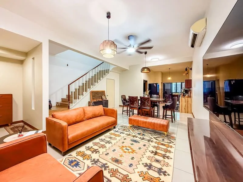 Living features: 3-seater leather sofa in orange, 2-seater leather sofa in brown, area rug with geometric pattern, coffee table, wall-mounted TV, ceiling fan with light, recessed downlights, wooden staircase, decorative wall art, open layout to dining area, tile flooring, cream painted walls; style: modern.