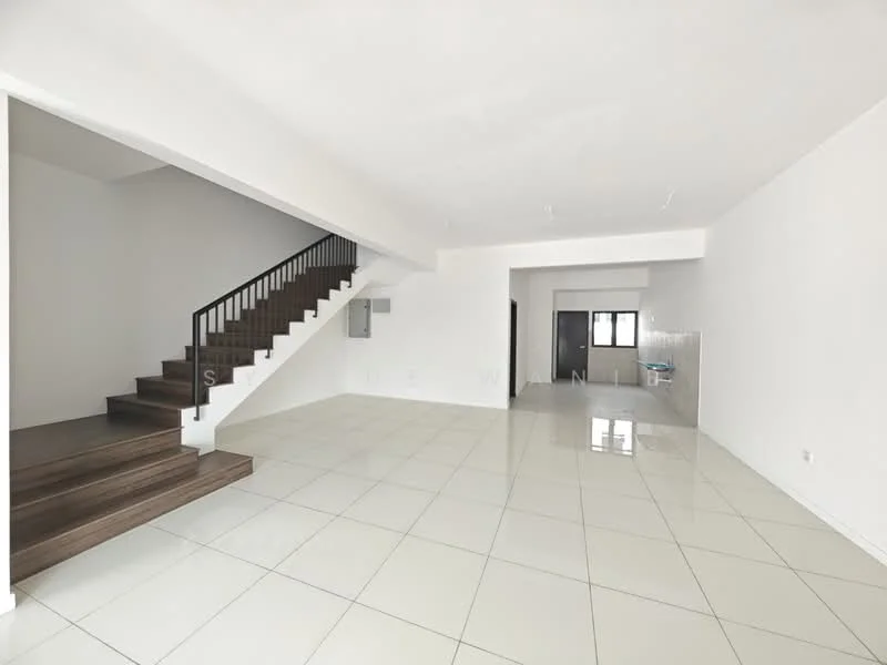 Room features: white painted walls, glossy ceramic tile flooring, staircase with wooden steps, metal railing, large windows, open layout, high ceiling, neutral color scheme; style: modern.