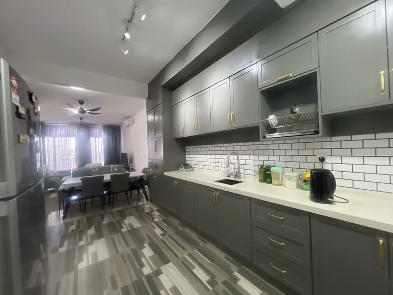 Kitchen features: grey cabinetry with gold handles, white subway tile backsplash, quartz countertop, single-bowl stainless-steel sink, chrome pull-down faucet, built-in oven, stainless-steel fridge, black kettle, black toaster, recessed downlights, laminate flooring with wood pattern, open layout to dining area, floor-to-ceiling windows, 5-blade ceiling fan; style: modern. Dining features: dining table with multiple chairs, laminate flooring with wood pattern, 5-blade ceiling fan, floor-to-ceiling windows; style: modern.
