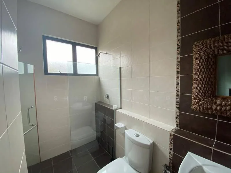 Bathroom features: white tiled walls, dark brown accent wall, glass shower enclosure, chrome shower head, single-piece toilet, framed mirror, grey floor tiles, wall-mounted faucet; style: modern.