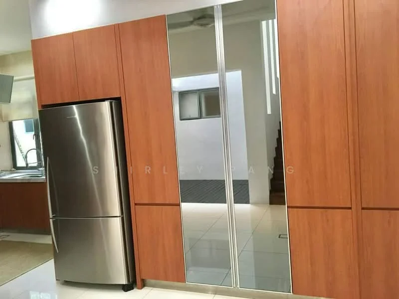 Kitchen features: stainless-steel fridge, wood cabinetry, mirrored cabinet doors, ceramic tile flooring, recessed downlights, open layout, kitchen island, wall-mounted ceiling fan; style: modern.