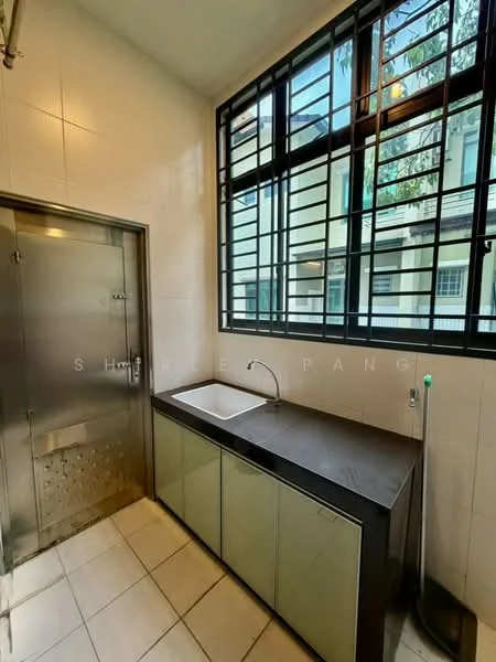 Laundry features: single-bowl stainless-steel sink, chrome pull-down faucet, black countertop, green cabinetry, white tiled walls, white tiled flooring, large window with metal grille, exposed plumbing; style: modern; view: garden.