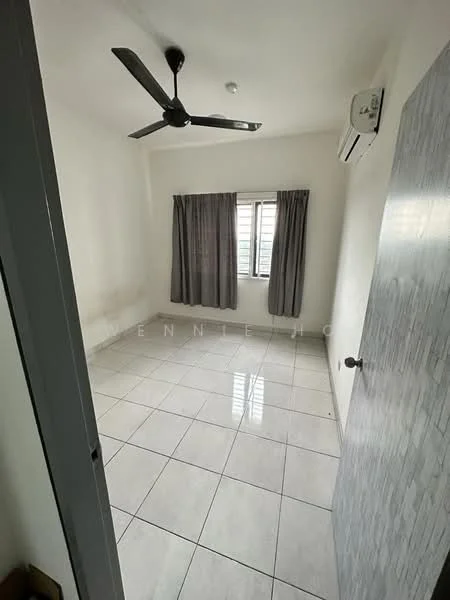 Room features: white painted walls, glossy ceramic tile flooring, 5-blade ceiling fan, wall-mounted split AC, floor-to-ceiling window with curtains, window with grid pattern, light switch, door with textured surface; style: minimalist; view: city.