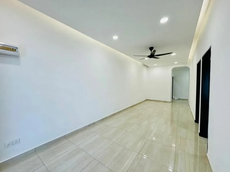 Room features: white painted walls, glossy beige tile flooring, recessed downlights, 5-blade ceiling fan, air conditioning unit, arched doorway, neutral color scheme, open layout; style: modern.