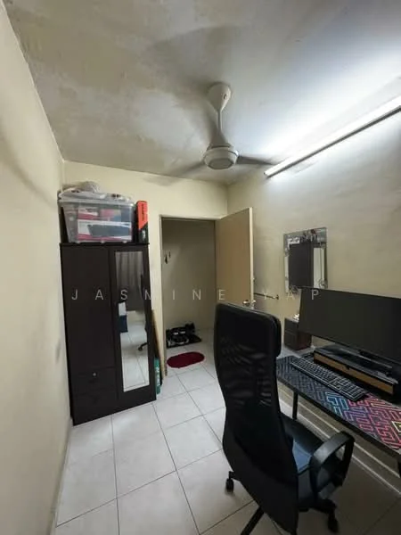 Room features: cream painted walls, tile flooring, ceiling fan, LED strip lighting, desk with computer monitor, black office chair, full-length mirror, storage cabinet, door leading to another room.