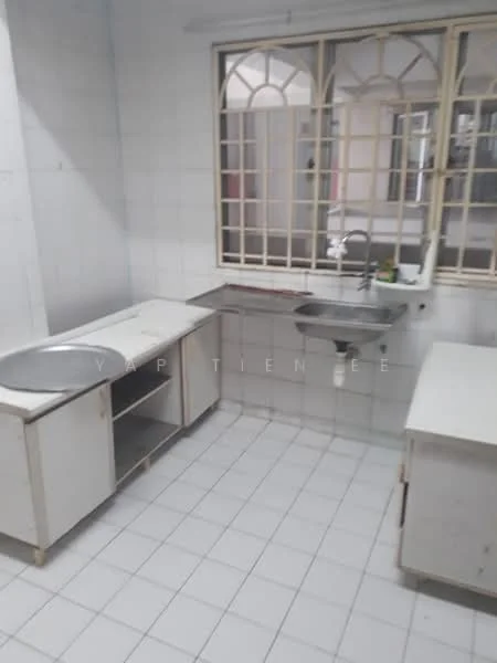 Kitchen features: single-bowl stainless-steel sink, chrome pull-down faucet, white tiled walls, white tiled flooring, laminate cabinetry, open shelving, countertop space, window with metal grille.
