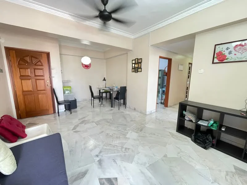 Living features: marble flooring, white painted walls, 5-blade ceiling fan, sofa, coffee table, TV console, decorative wall art, wall-mounted shelves; style: modern. Dining features: dining table for four, black dining chairs, pendant light, open layout; style: modern.