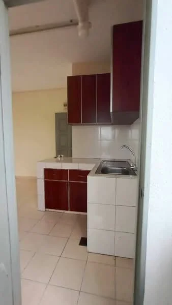 Kitchen features: brown wooden cabinetry, white tiled backsplash, single-bowl stainless-steel sink, chrome pull-down faucet, white countertop, ceramic tile flooring, wall-mounted cabinets, kitchen island, open layout, neutral wall color; style: modern.