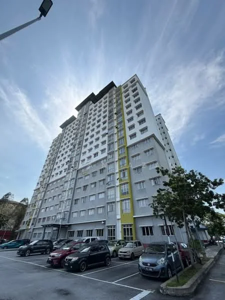 Exterior type: high-rise condominium; features: grey painted facade, yellow accent wall, multiple balconies, floor-to-ceiling windows, approximately 10-storey high-rise, surrounded by parking lot, landscaped area with trees, urban context with clear sky; style: modern.