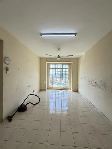 Room features: white painted walls, tile flooring, ceiling fan, large windows, natural light, vacuum cleaner, clock on wall, light fixture.