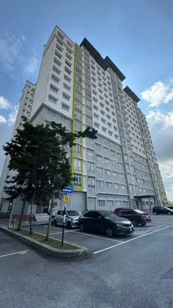 Exterior type: high-rise condominium; features: white painted facade, yellow accent strip, multiple storeys, flat roof, surrounded by parking lot, landscaped area with trees, windows with grid pattern, visible cars in parking area; style: modern.