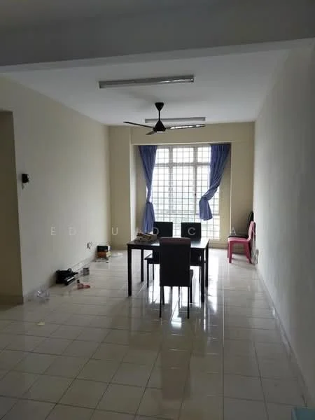 Dining features: white painted walls, glossy ceramic tile flooring, 5-blade ceiling fan with light, large window with sheer curtains, dining table with four chairs, empty corner with scattered items, light fixtures on ceiling.